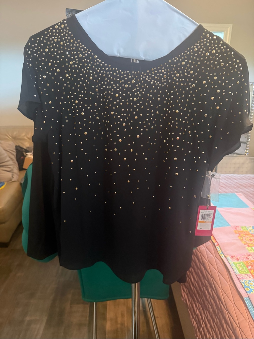Vince Camuto Black Short Sleeve Top with Gold Stud Embellishments-NWT